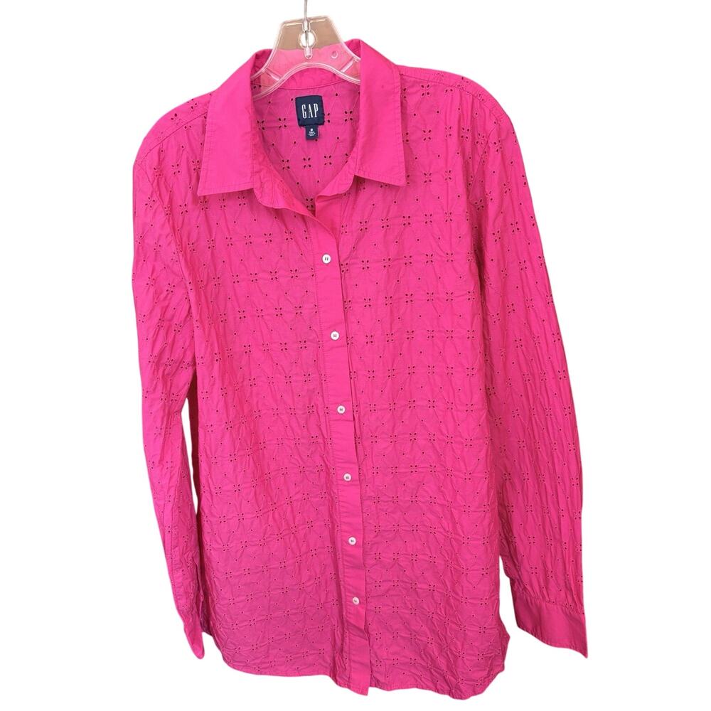 Gap M Tall Hot Pink Eyelet Embroidered Blouse Preppy Casual Dopamine Long sleeve